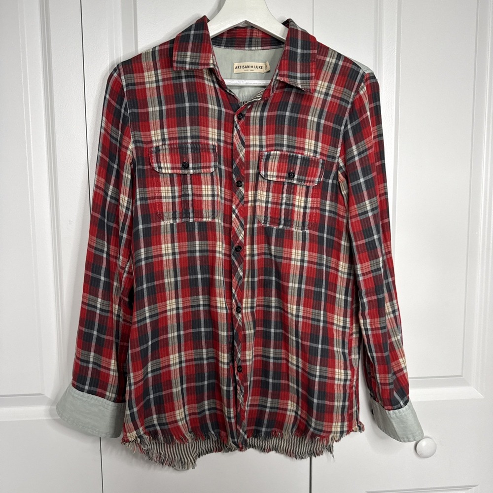 Anthropologie Artisan de Luxe Red Flannel Size S Fringe Country Core Outdoors